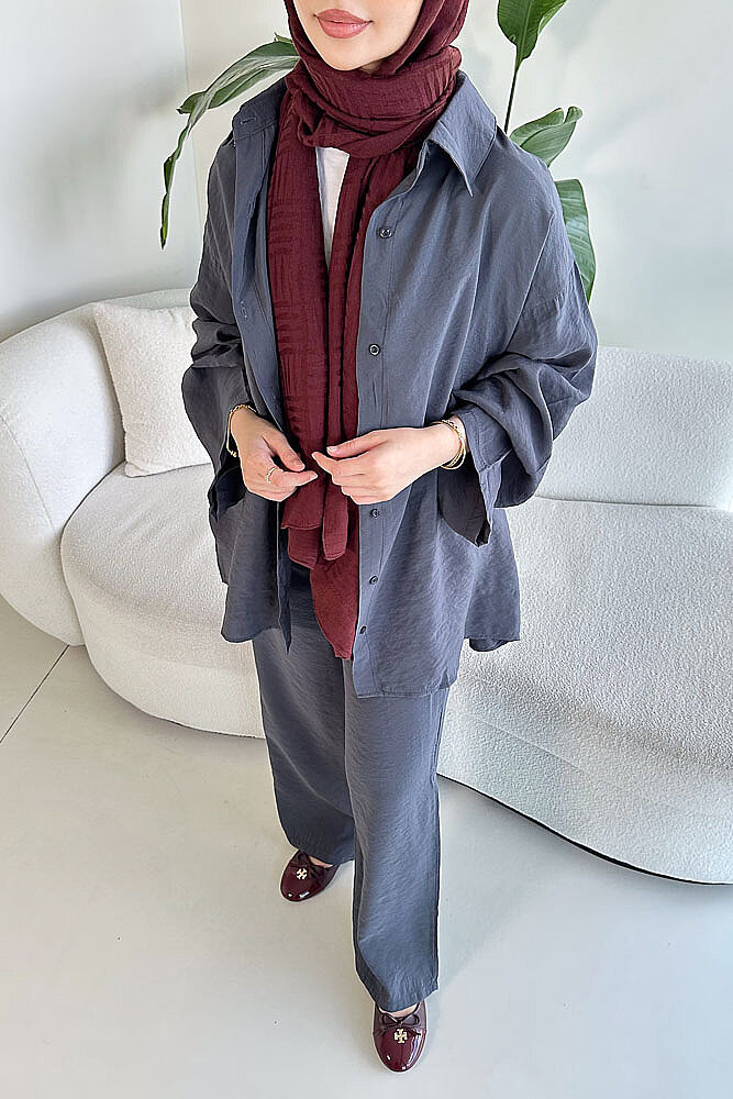 Tencel Bağcıklı Basic Pantolon Takım - Antrasit - ENMA (2)