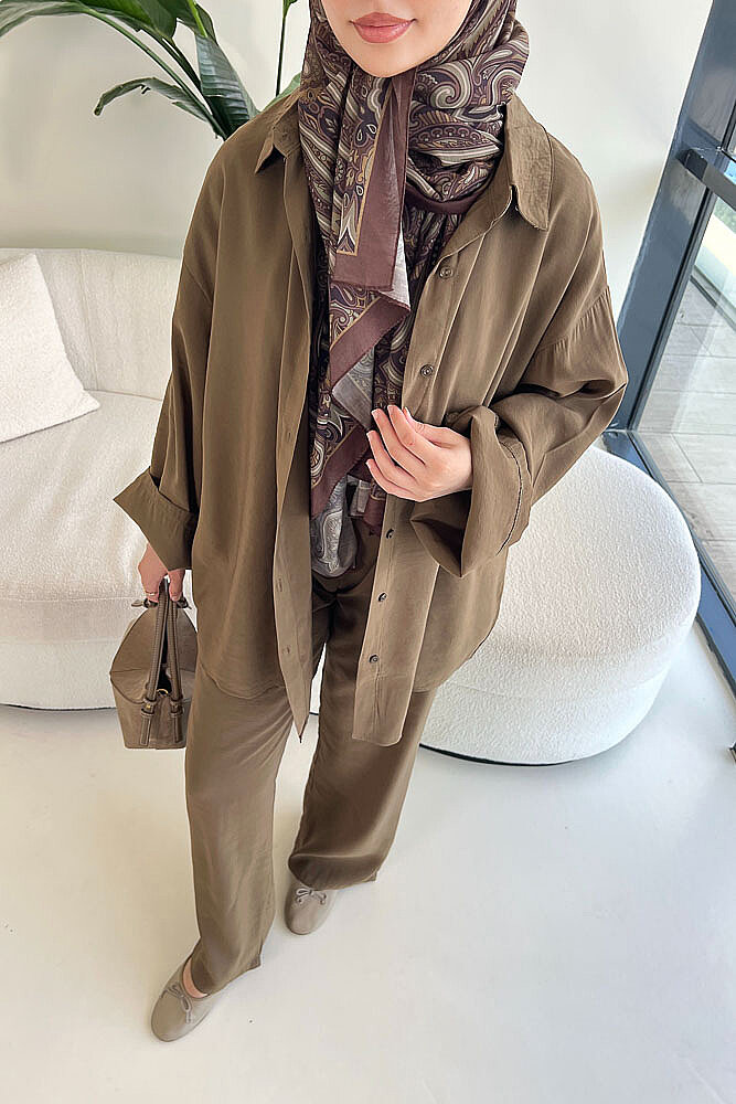 Tencel Bağcıklı Basic Pantolon Takım - Haki - 2
