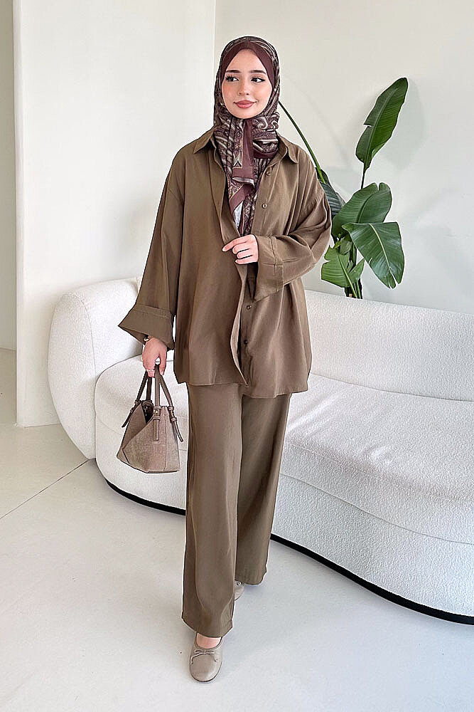 Tencel Bağcıklı Basic Pantolon Takım - Haki - 1
