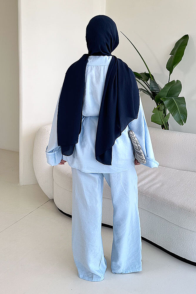 Tencel Bağcıklı Basic Pantolon Takım - Mavi - ENMA (5)