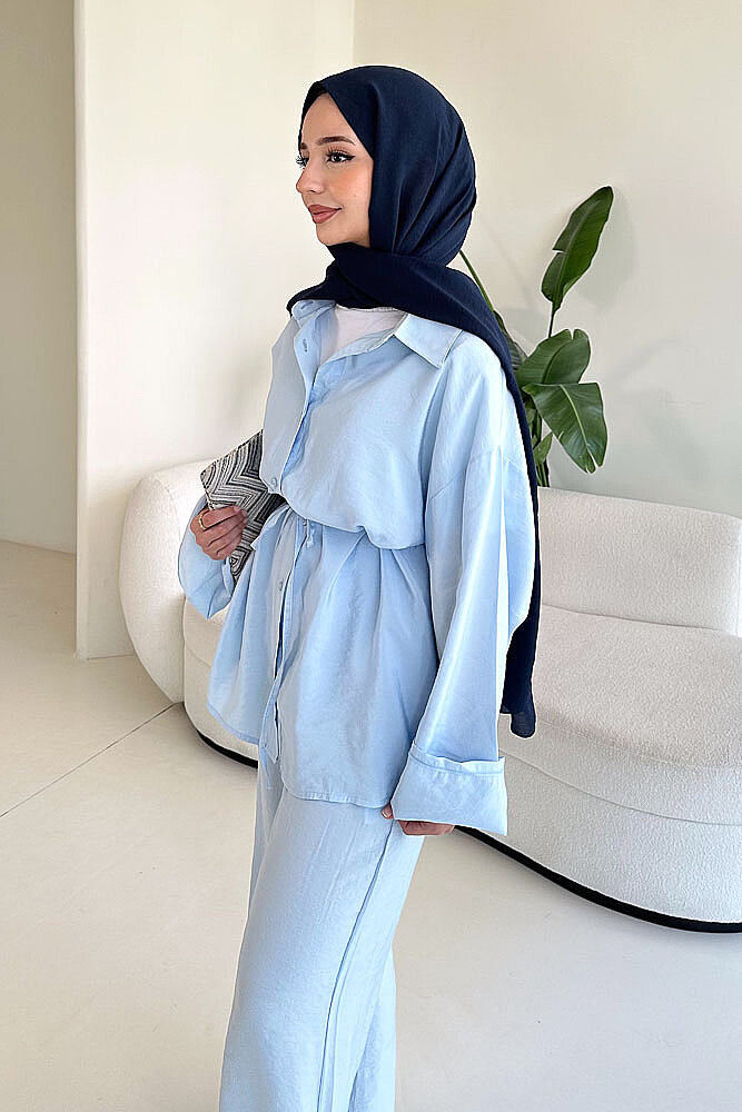 Tencel Bağcıklı Basic Pantolon Takım - Mavi - 4
