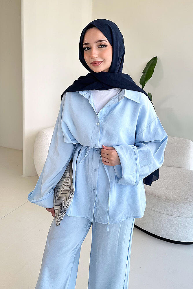 Tencel Bağcıklı Basic Pantolon Takım - Mavi - ENMA (1)