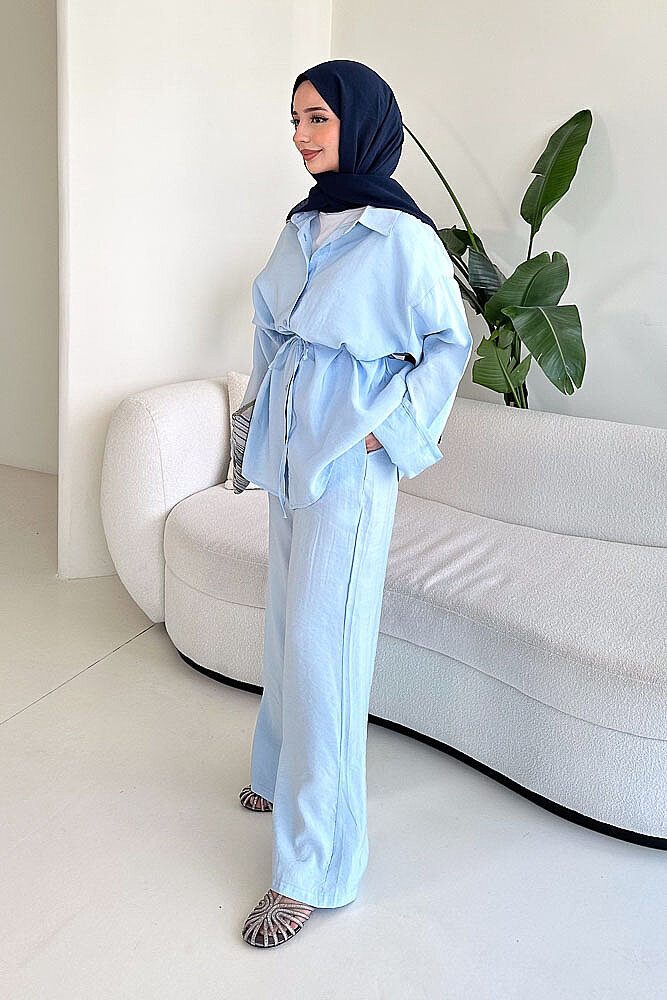 Tencel Bağcıklı Basic Pantolon Takım - Mavi - 1