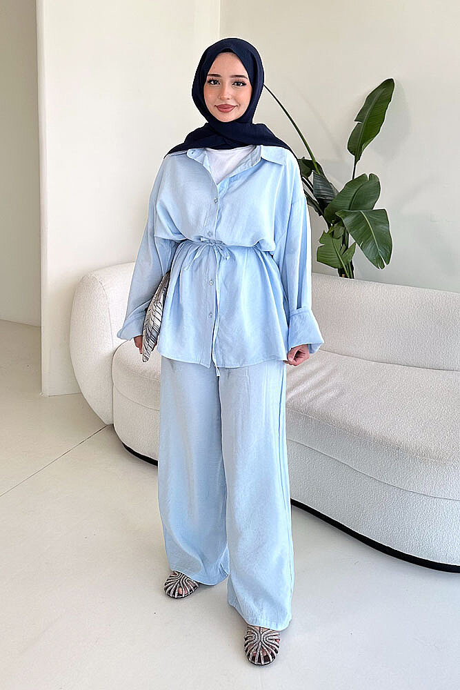 Tencel Bağcıklı Basic Pantolon Takım - Mavi - ENMA (4)