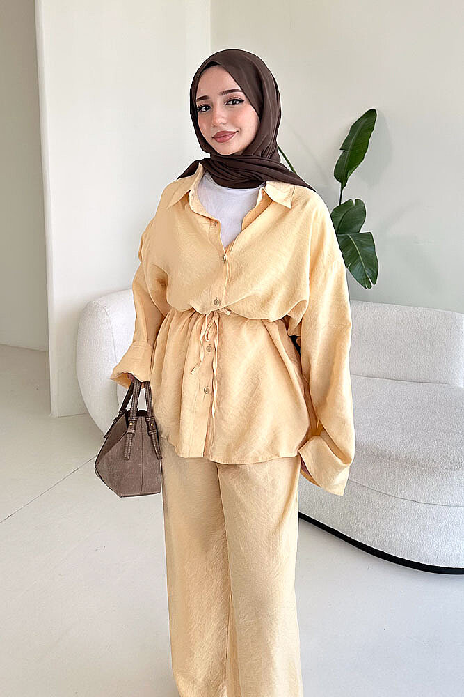Tencel Bağcıklı Basic Pantolon Takım - Sarı - ENMA (5)