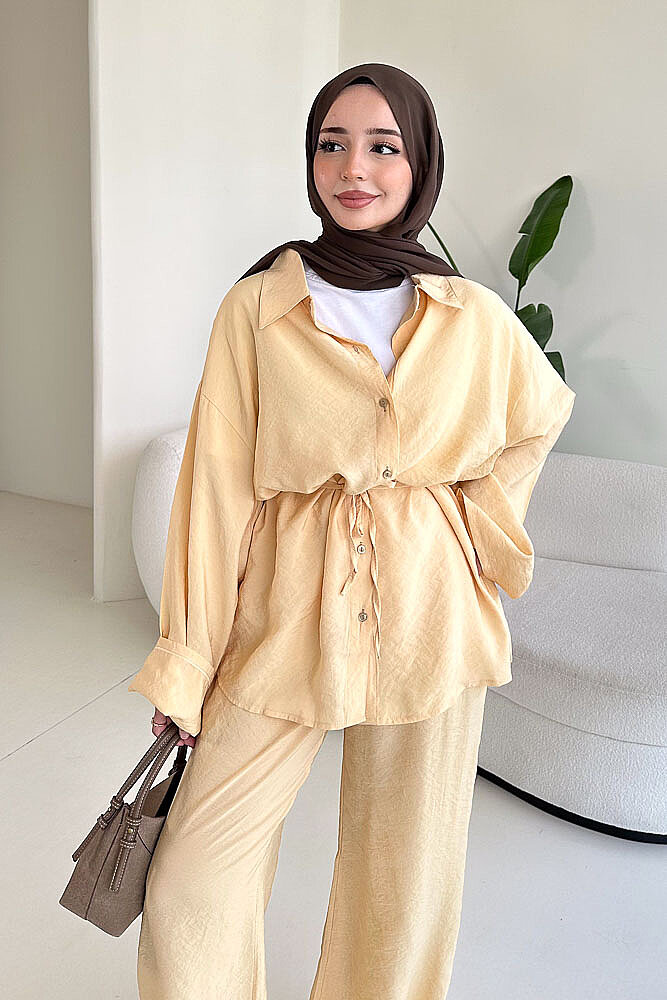 Tencel Bağcıklı Basic Pantolon Takım - Sarı - 4