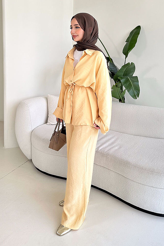 Tencel Bağcıklı Basic Pantolon Takım - Sarı - 7