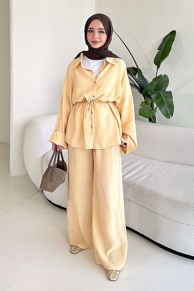 Tencel Bağcıklı Basic Pantolon Takım - Sarı - ENMA (1)