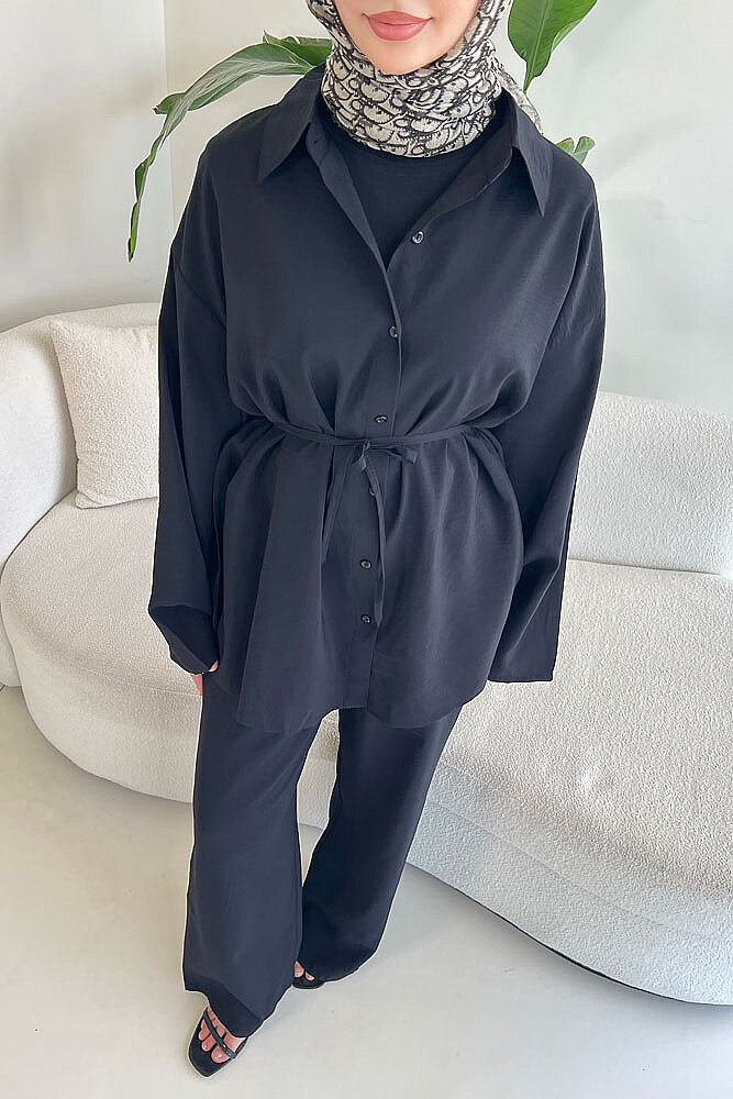 Tencel Bağcıklı Basic Pantolon Takım - Siyah - ENMA (2)