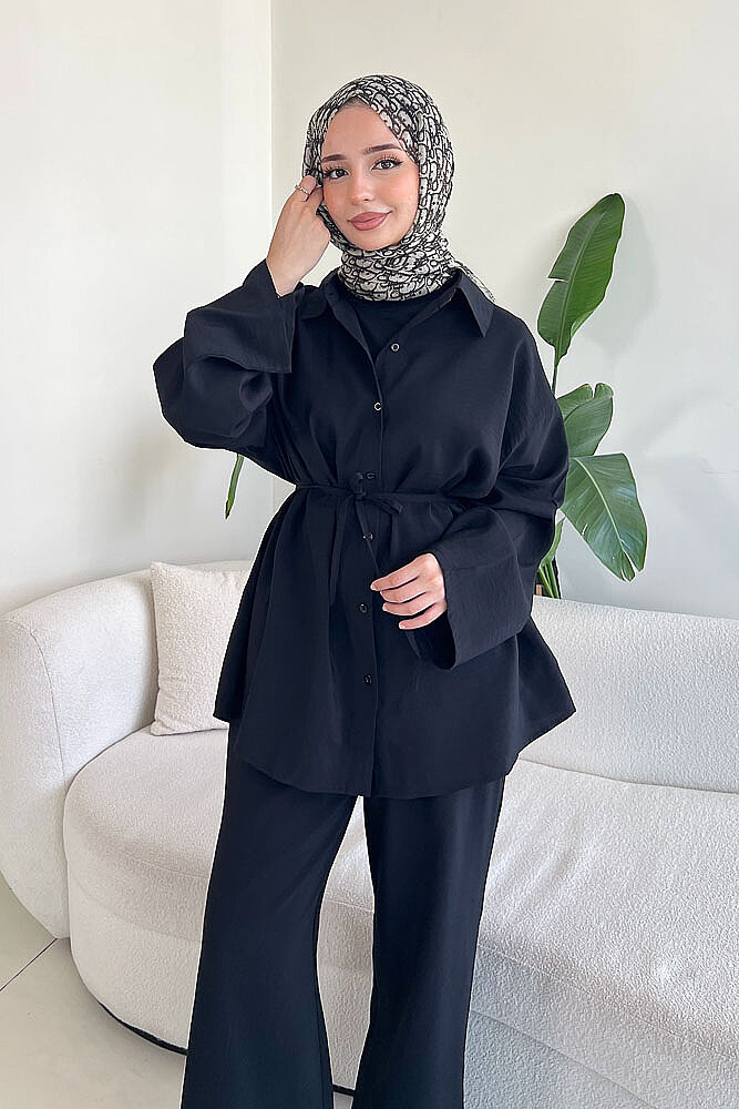 Tencel Bağcıklı Basic Pantolon Takım - Siyah - ENMA (3)