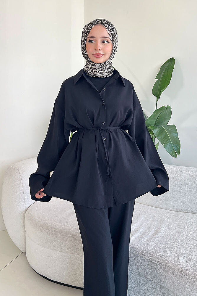 Tencel Bağcıklı Basic Pantolon Takım - Siyah - ENMA (0)