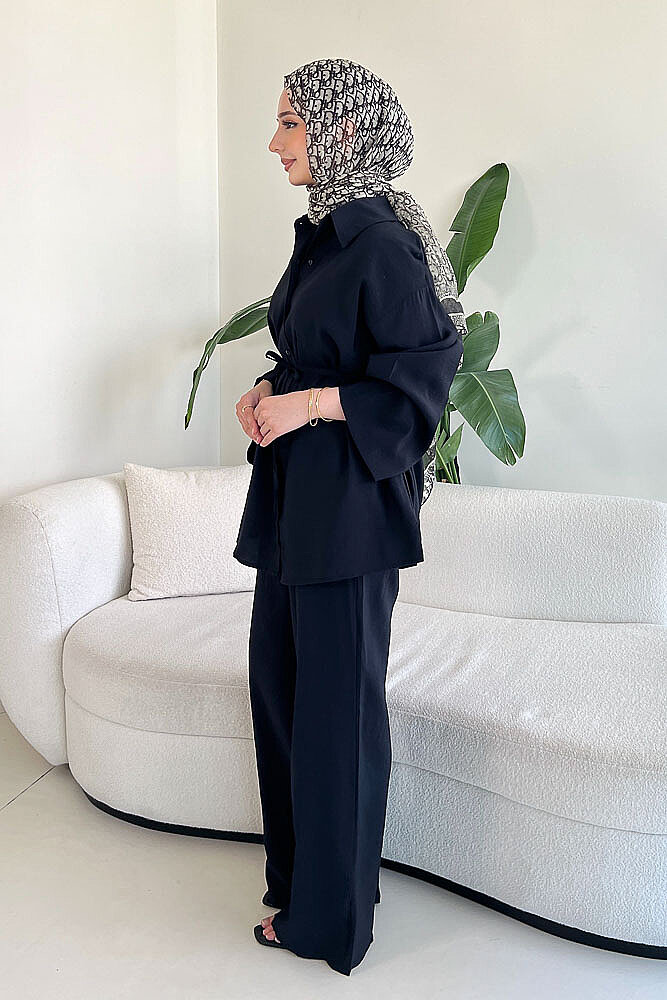 Tencel Bağcıklı Basic Pantolon Takım - Siyah - 5