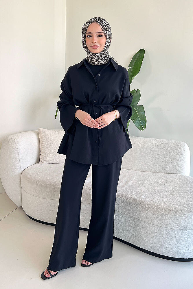 Tencel Bağcıklı Basic Pantolon Takım - Siyah - 2