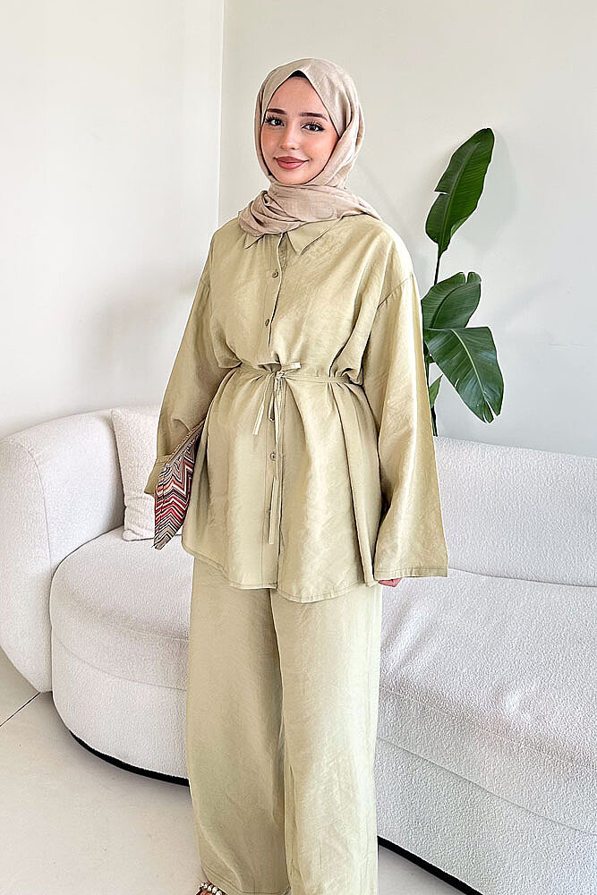 Tencel Bağcıklı Basic Pantolon Takım - Yeşil - 2