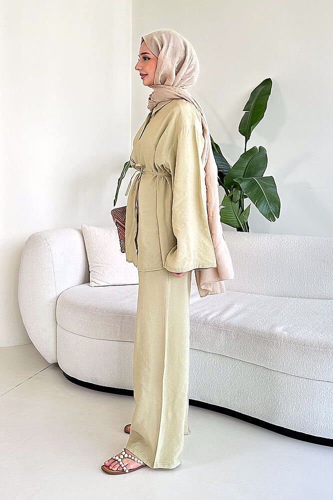 Tencel Bağcıklı Basic Pantolon Takım - Yeşil - ENMA (3)