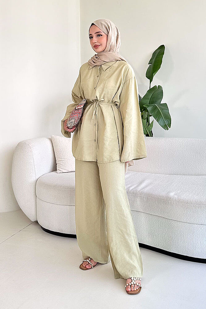 Tencel Bağcıklı Basic Pantolon Takım - Yeşil - ENMA (0)