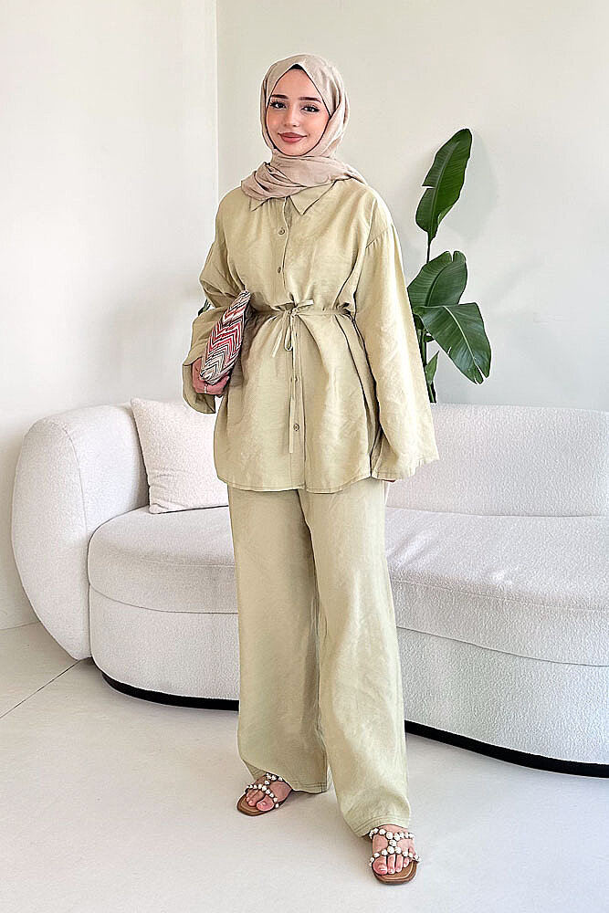 Tencel Bağcıklı Basic Pantolon Takım - Yeşil - ENMA (5)