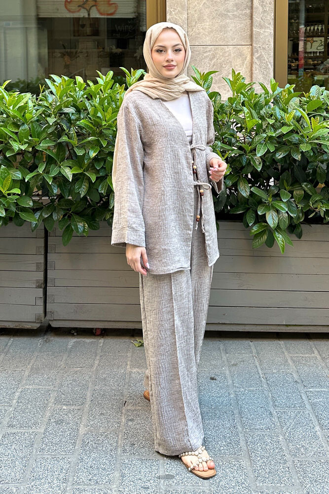 Thassos Boncuklu Kimono Takım - Kahverengi - 2