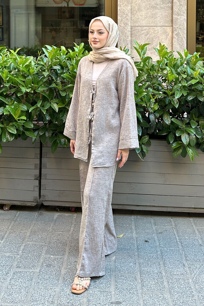 Thassos Boncuklu Kimono Takım - Kahverengi - 1