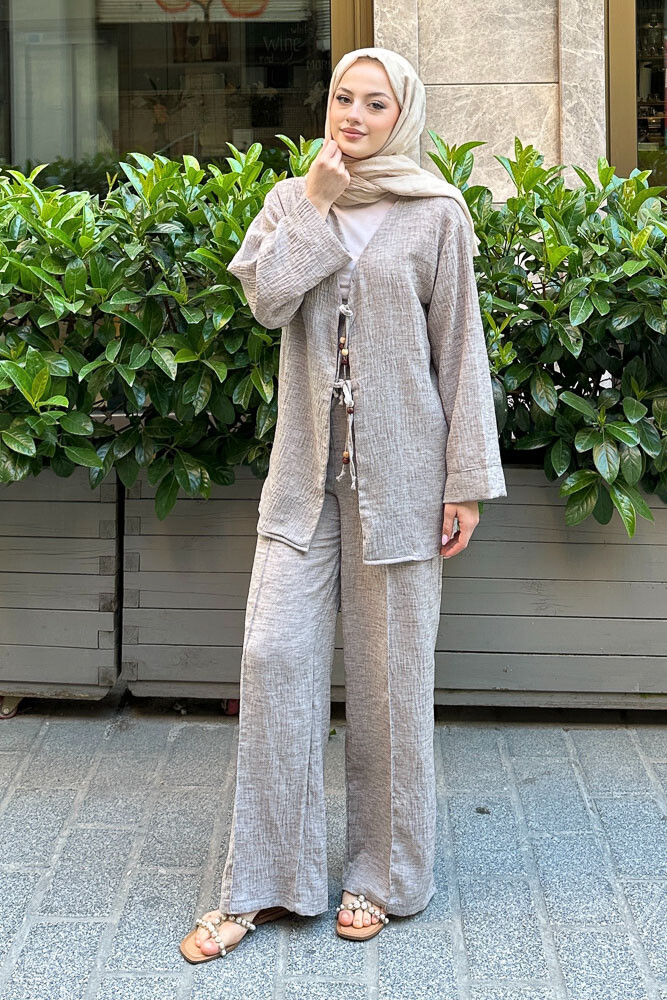 Thassos Boncuklu Kimono Takım - Kahverengi - 4
