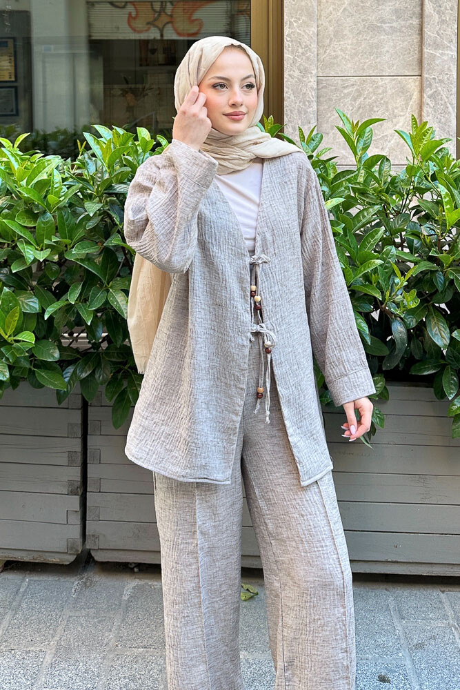 Thassos Boncuklu Kimono Takım - Kahverengi - 7