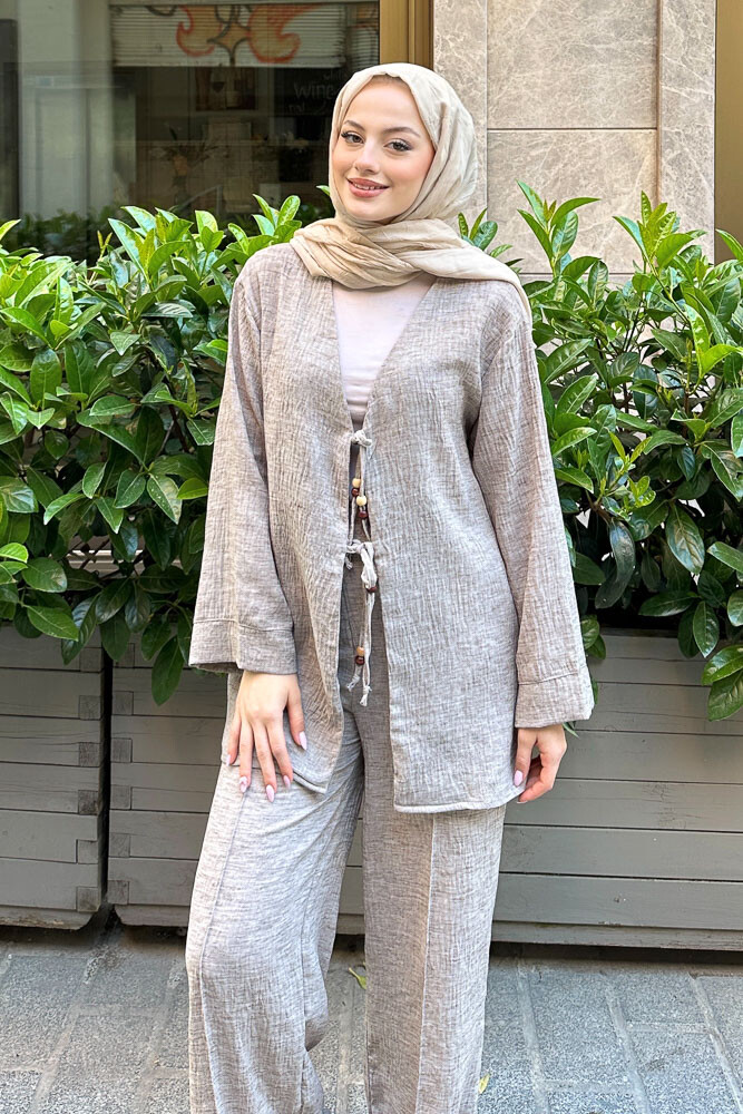 Thassos Boncuklu Kimono Takım - Kahverengi - 3
