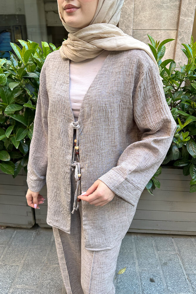 Thassos Boncuklu Kimono Takım - Kahverengi - 5