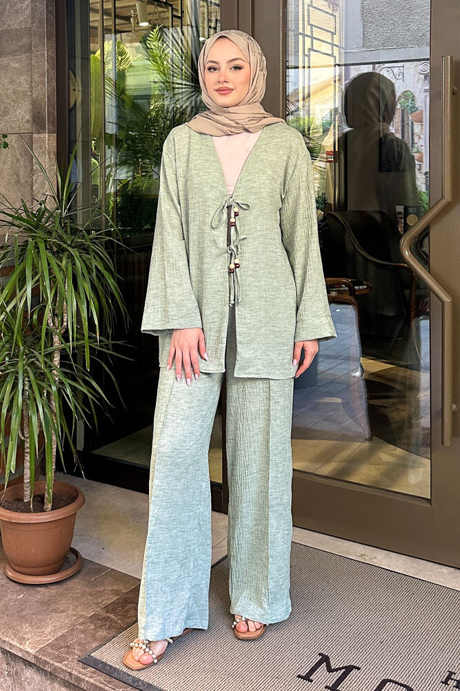 Thassos Boncuklu Kimono Takım - Su Yeşili 