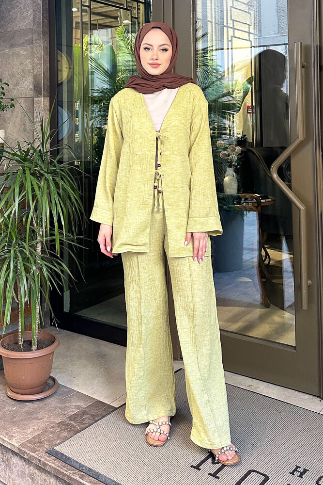 Thassos Boncuklu Kimono Takım - Yağ Yeşili - 1