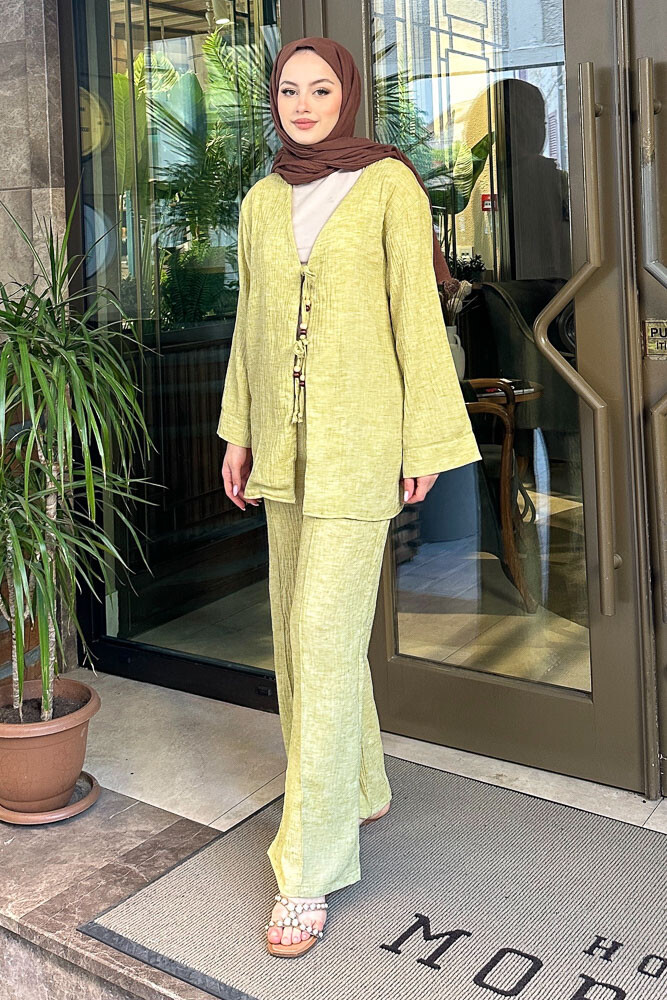 Thassos Boncuklu Kimono Takım - Yağ Yeşili - 2
