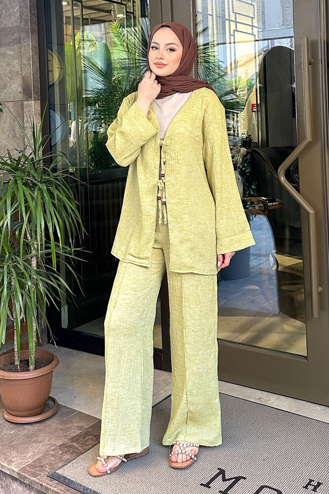 Thassos Boncuklu Kimono Takım - Yağ Yeşili - 4