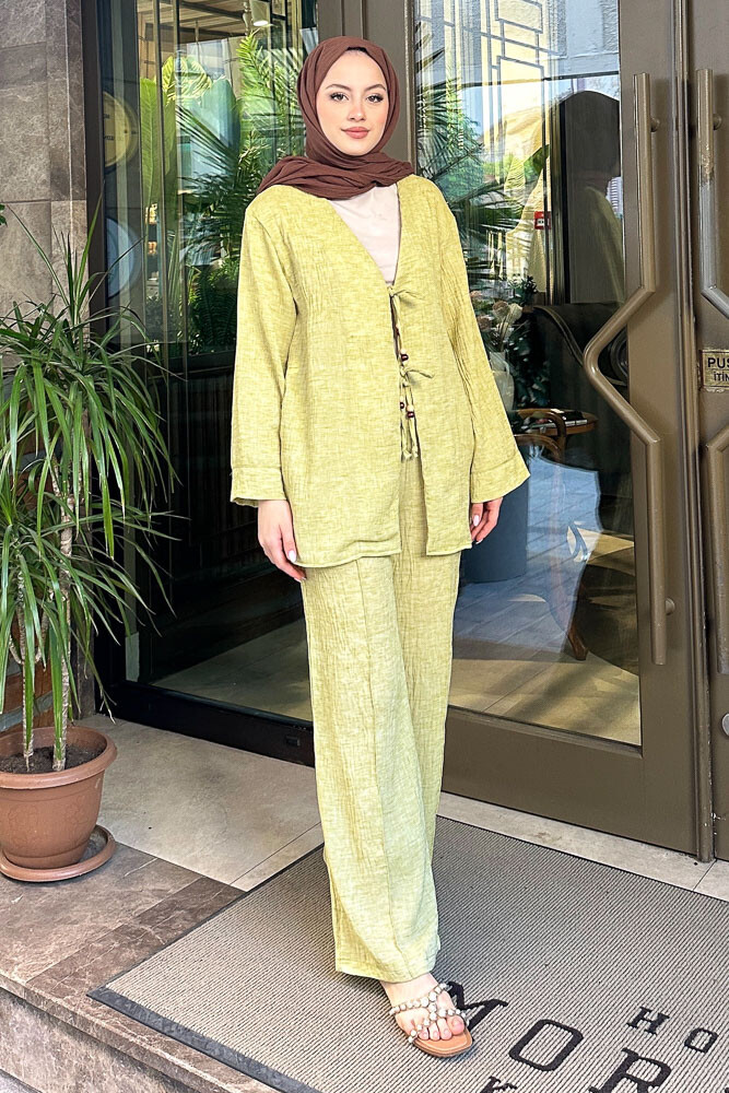 Thassos Boncuklu Kimono Takım - Yağ Yeşili - 5