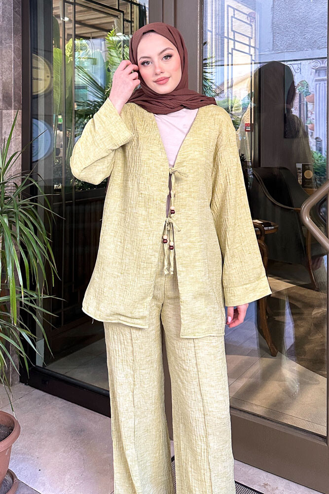 Thassos Boncuklu Kimono Takım - Yağ Yeşili - 6
