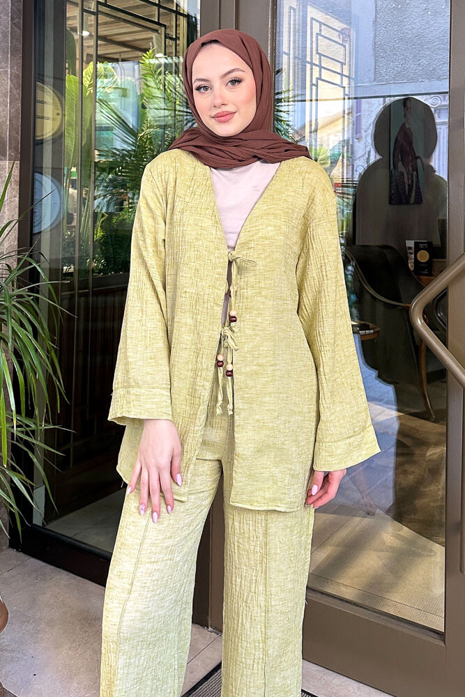 Thassos Boncuklu Kimono Takım - Yağ Yeşili - 3