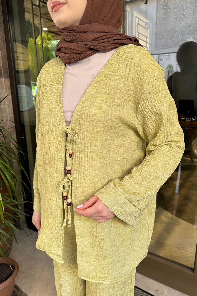 Thassos Boncuklu Kimono Takım - Yağ Yeşili - 7
