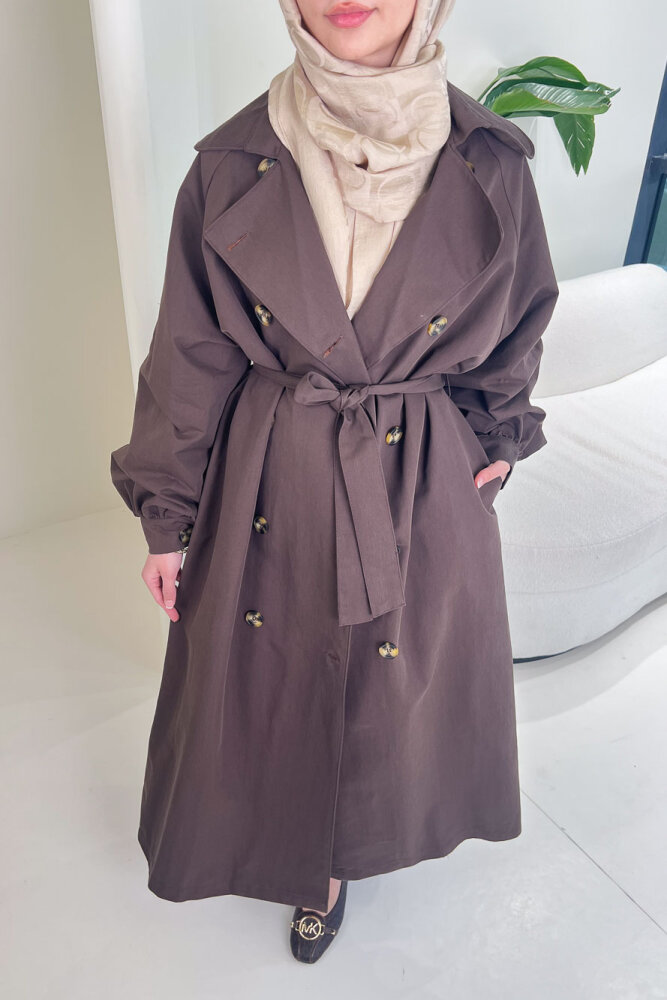 The Classic Arka Düğme Detaylı Trençkot - Kahverengi - ALLMİSS (2)