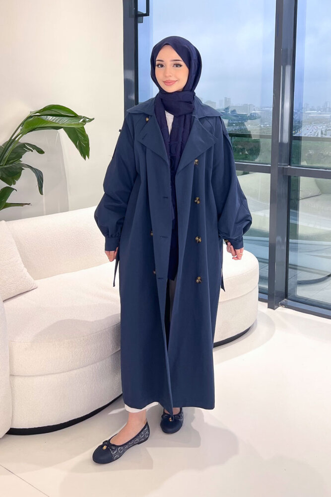 The Classic Arka Düğme Detaylı Trençkot - Lacivert - ALLMİSS (2)