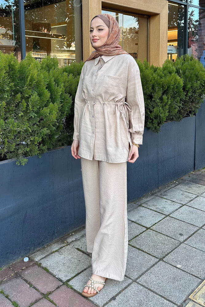 Tiana Beli Büzgülü Takım - Bej - 2