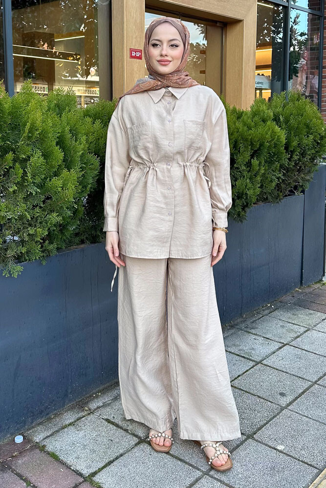 Tiana Beli Büzgülü Takım - Bej - 5