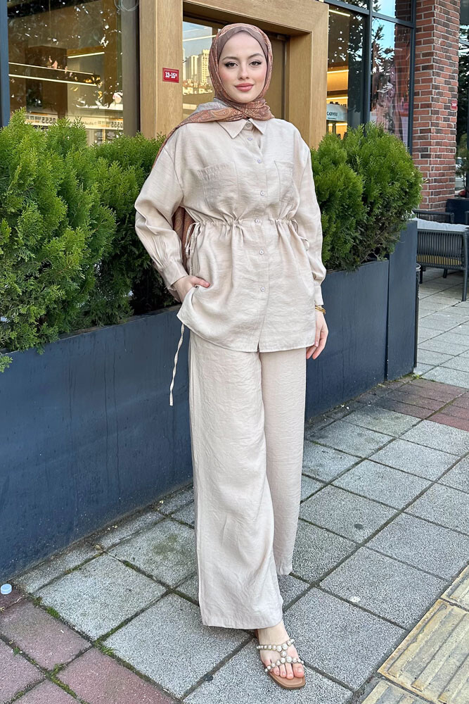 Tiana Beli Büzgülü Takım - Bej - 4