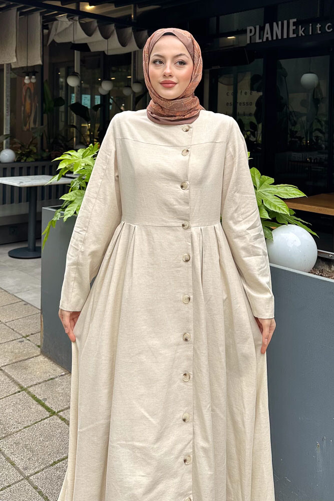 Tiara Boydan Düğmeli Elbise - Bej - 3