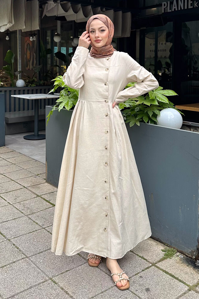 Tiara Boydan Düğmeli Elbise - Bej - 2