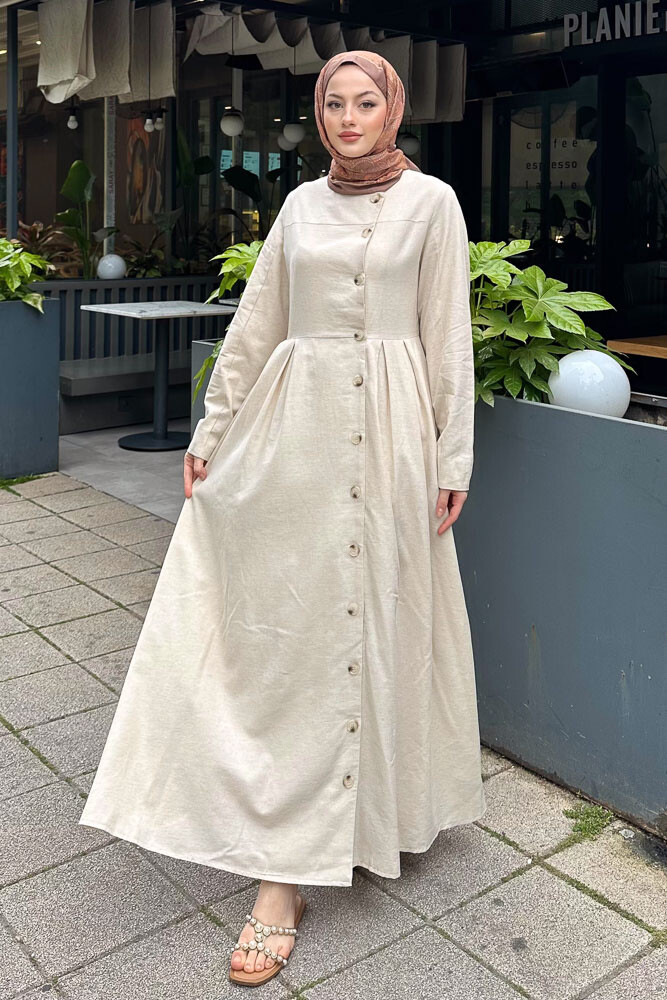 Tiara Boydan Düğmeli Elbise - Bej - 6