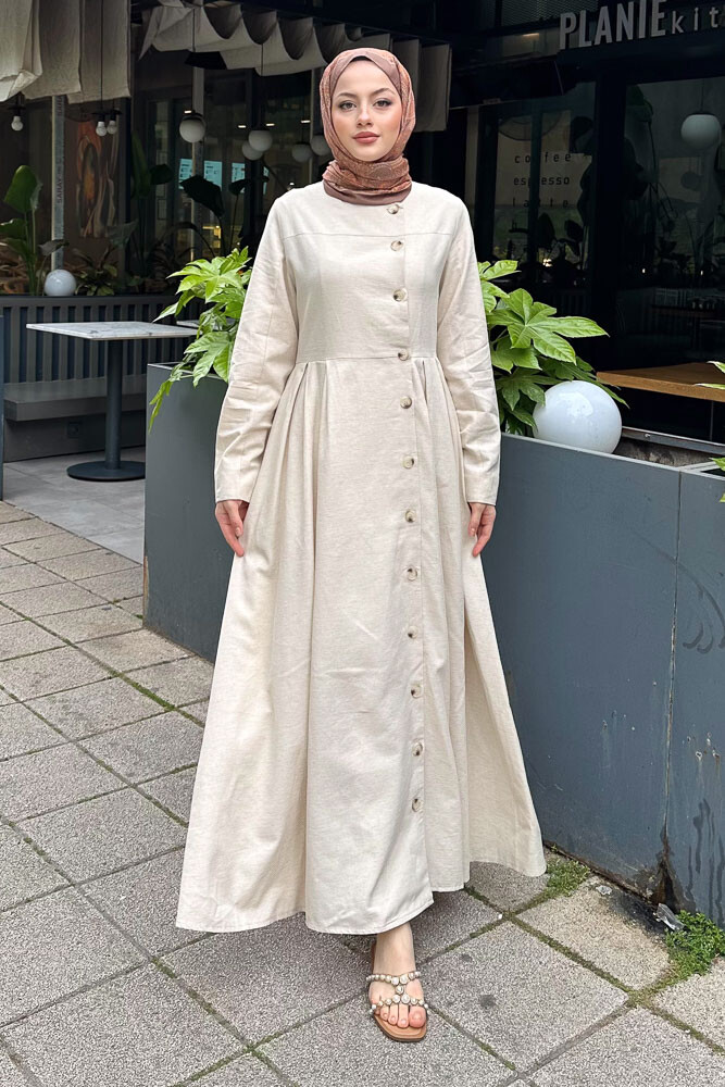 Tiara Boydan Düğmeli Elbise - Bej - 7