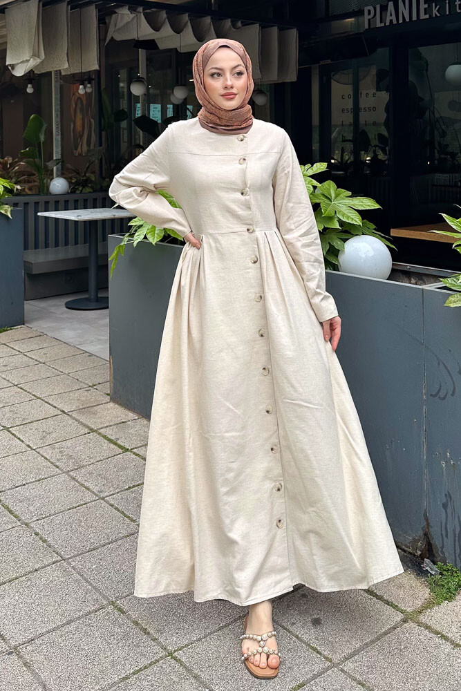 Tiara Boydan Düğmeli Elbise - Bej - 1