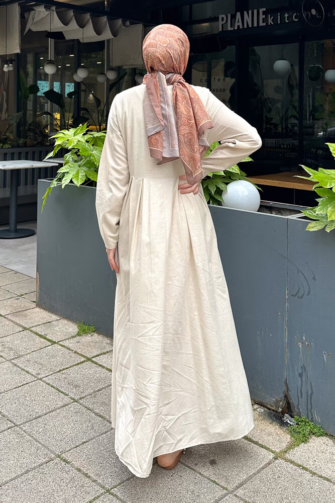 Tiara Boydan Düğmeli Elbise - Bej - 8