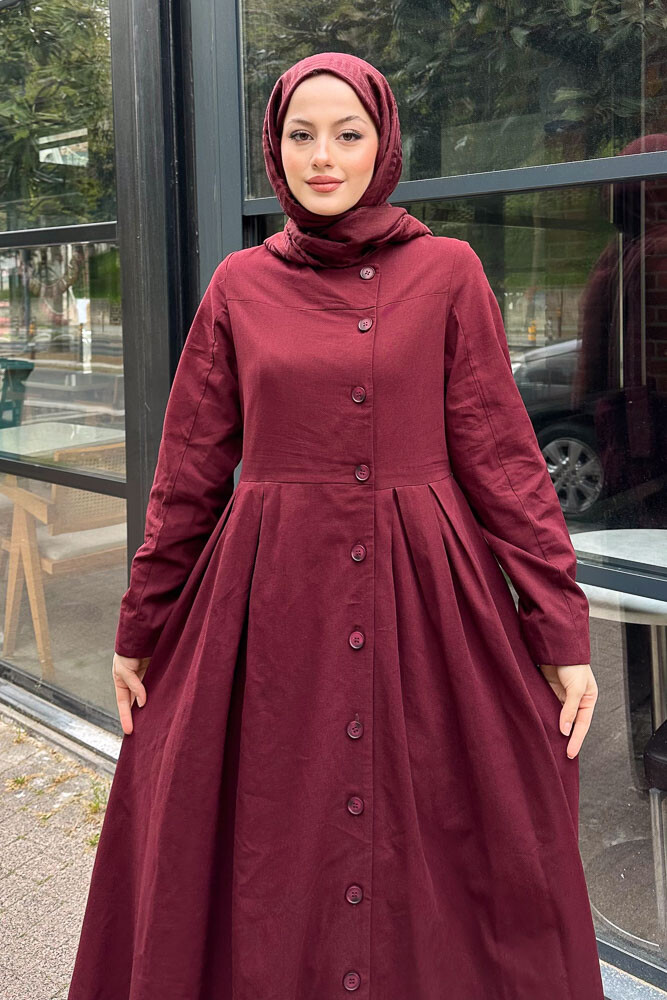 Tiara Boydan Düğmeli Elbise - Bordo - 7