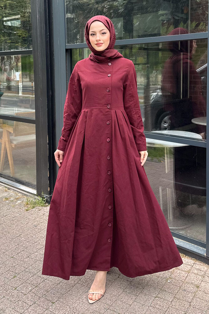 Tiara Boydan Düğmeli Elbise - Bordo - 4