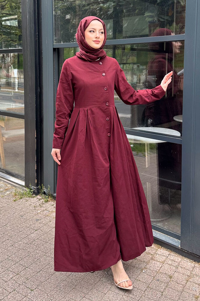 Tiara Boydan Düğmeli Elbise - Bordo 