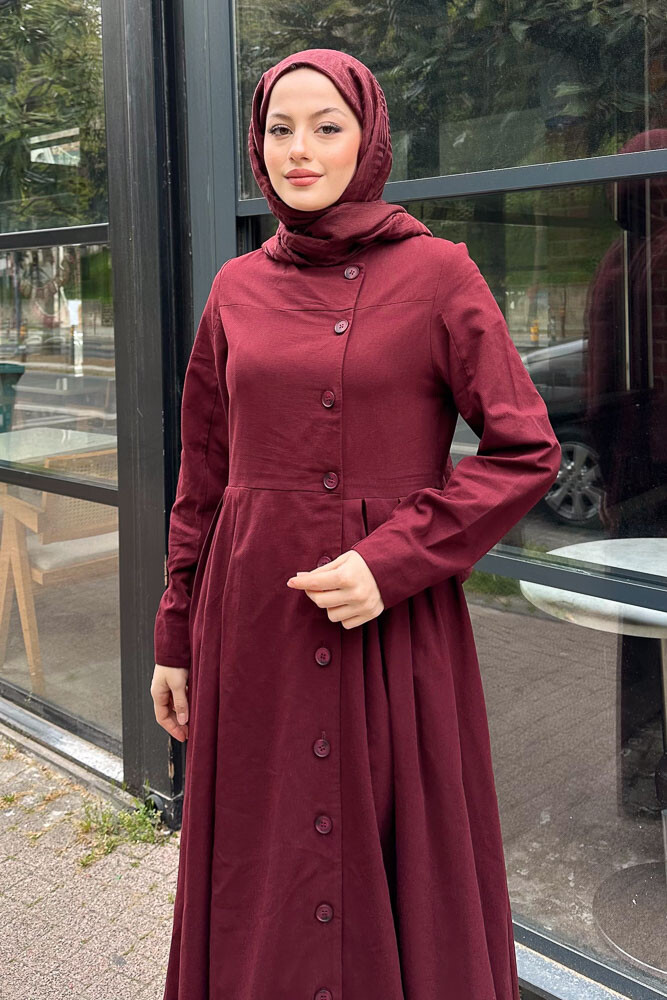Tiara Boydan Düğmeli Elbise - Bordo - 3
